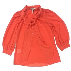 BCBGeneration Coral Pink Tie Neck Dobby Stripe Blouse Puff Sleeve XS
